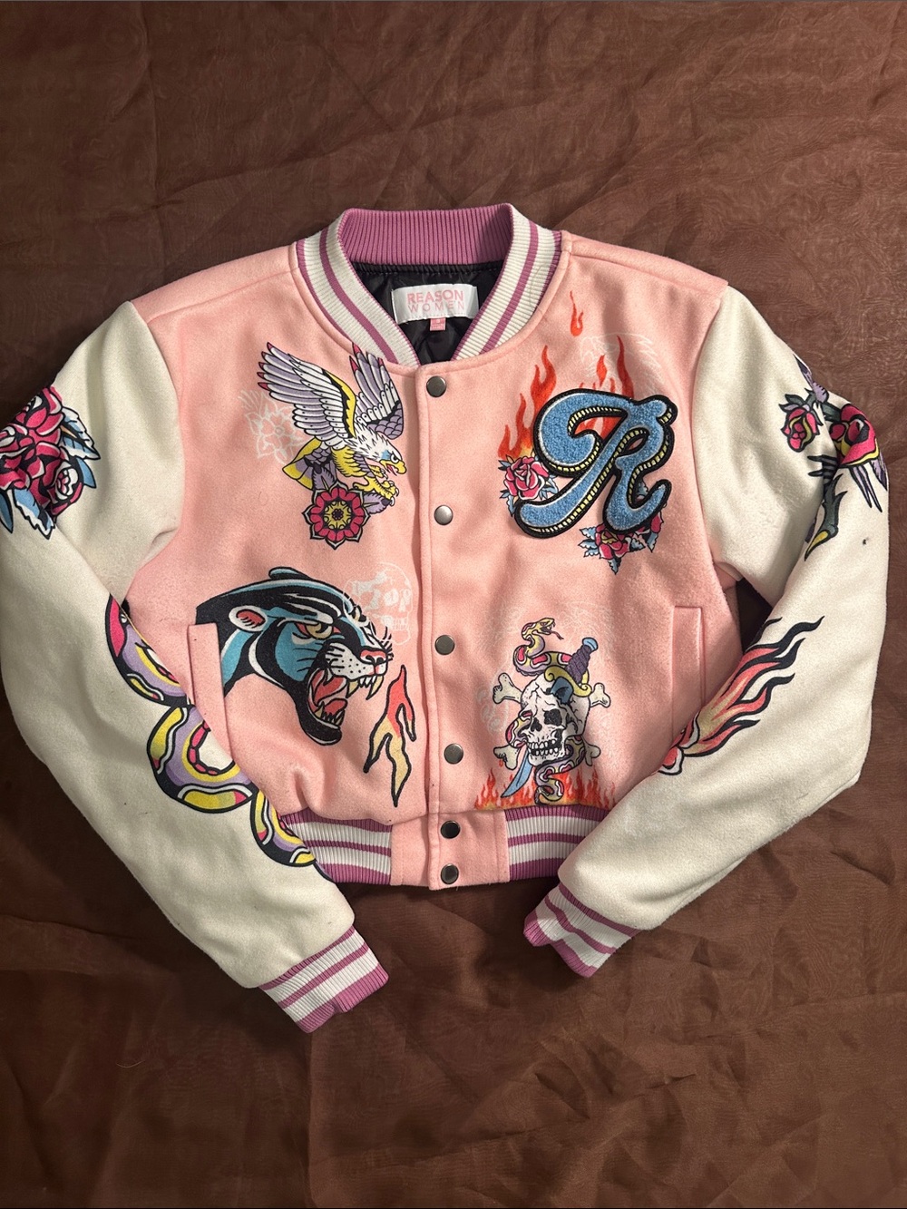 Reason Pink and Cream Embroidered Kids Letterman Jacket